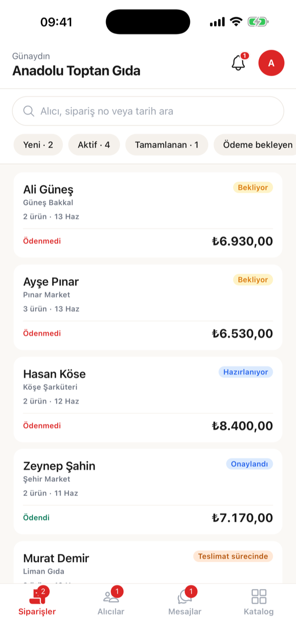 İnşaat & Nalburiye Toptancıları — gelen siparişleri yönetme ekranı