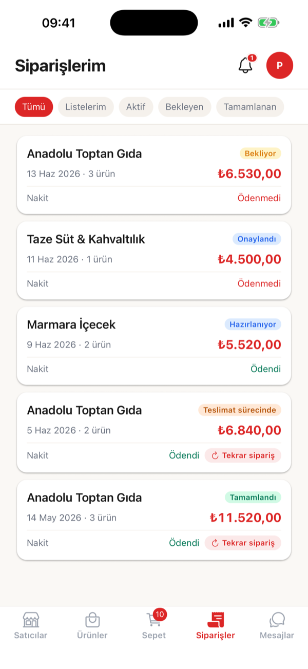 Bayim siparişler ekranı